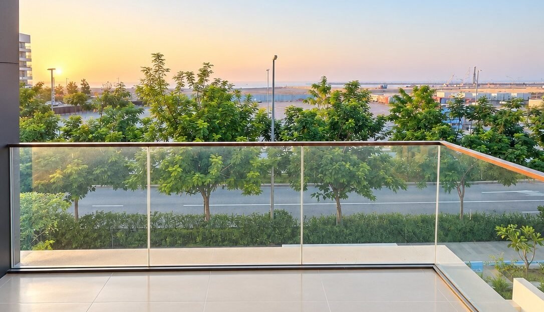 Private balcony and outlook from the first-floor one-bedroom apartment at Murooj Lanes, Al Mouj