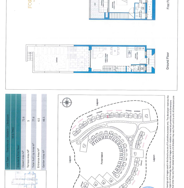 Floor plan and area schedule for one-bedroom townhouse M5-TH02 in Hawana Salalah